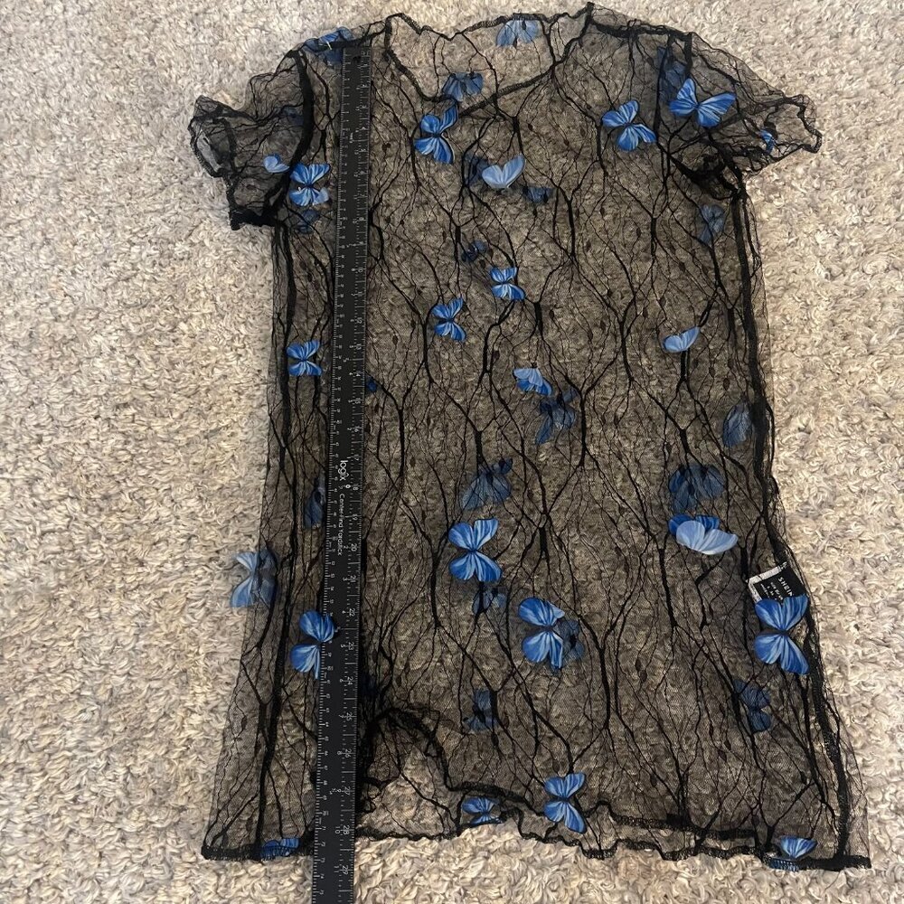 SHEIN Sheer Butterfly Mesh Top Black Blue Size S Y2K - Picture 3 of 7
